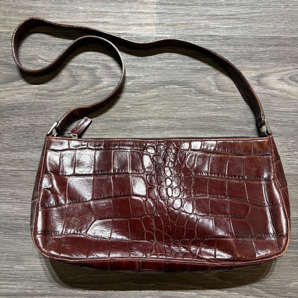 VTG Aigner Crocodile Embossed Leather Shoulder Bag Brown Mini Baguette Purse 90s